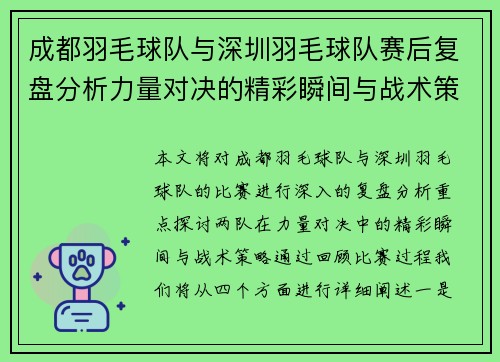 成都羽毛球队与深圳羽毛球队赛后复盘分析力量对决的精彩瞬间与战术策略