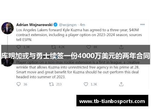 库明加或与勇士续签一份4000万美元的两年合同